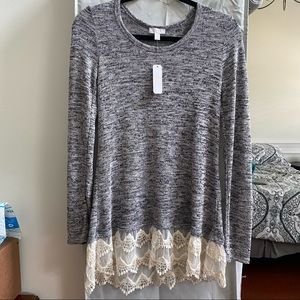 NWT Charming Charlie Black Gray Long Sleeve Sweater Tunic with Lace Bottom Hem